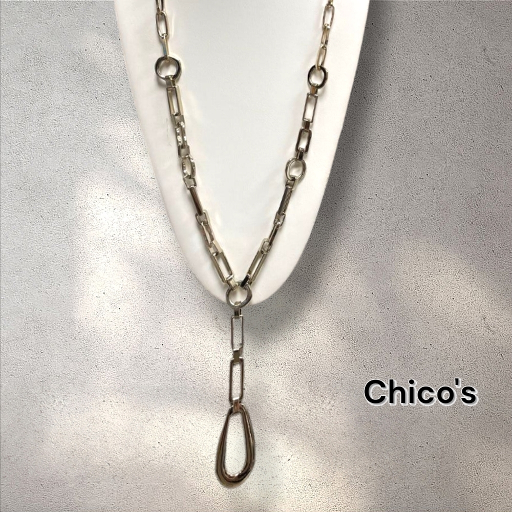 Chico's Geometric Link Y Necklace Silvertone Classy Adjustable Length
